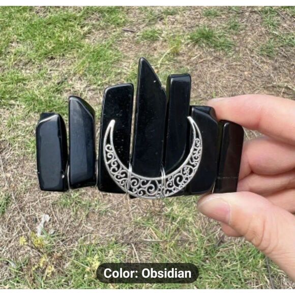 Natural Raw Crystal Gemstone Obsidian Silver Wire Wrapped Crescent Moon Barrette - Picture 2 of 2